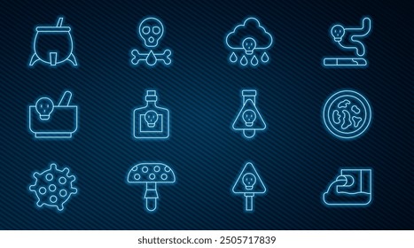 Set line Wastewater, Petri dish with bacteria, Acid rain, Bottle potion, Mortar and pestle, Witch cauldron,  and Bones skull icon. Vector