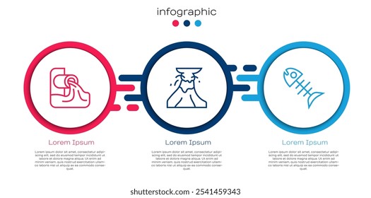 Set line Águas residuais, erupção vulcânica com lava e peixes mortos. Modelo de infográfico comercial. Vetor