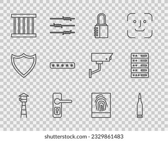 Fijar la línea Torre de vigilancia, Bullet, Bloqueo combinado de seguridad, Mango de puerta, Ventana de prisión, Protección de contraseña, Huellas digitales y servidor, Datos, Icono de Alojamiento web. Vector