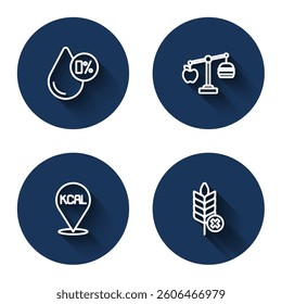 Set line Water balance, Calorie calculator, Kcal and Gluten free grain with long shadow. Blue circle button. Vector
