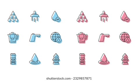 Set line Water cooler, drop, Fire hydrant, tap, Earth planet in water, jug with filter and Shower icon. Vector