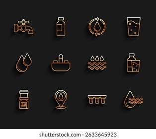 Set line Water cooler, drop with location, tap, filter, Recycle clean aqua, Washbasin water, Bottle of glass and Wave icon. Vector