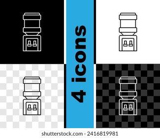 Set line Water cooler for office and home icon isolated on black and white, transparent background. Water dispenser. Bottle office, plastic and liquid.  Vector