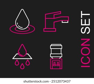 Set line Water cooler, Recycle clean aqua, tap and drop icon. Vector