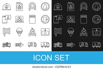 Set line Water delivery truck, Fire alarm system, exit, hose reel, Interior fireplace, Phone with emergency call 911, Firefighter helmet and Open matchbox and matches icon. Vector
