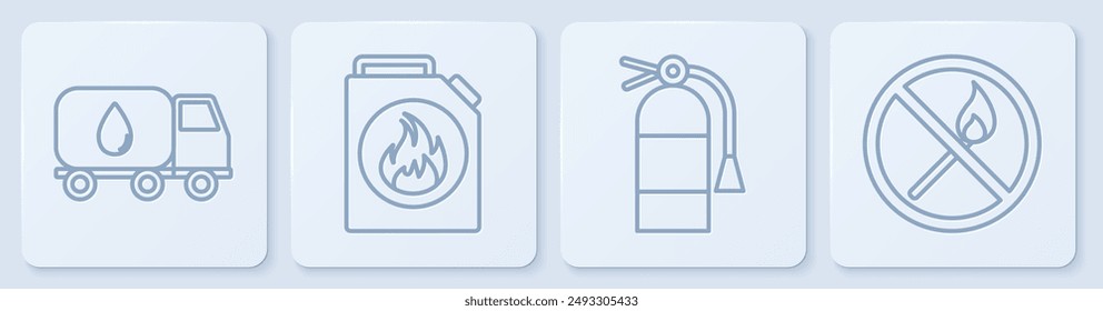 Set line Water delivery truck, Fire extinguisher, Canister for flammable liquids and No fire match. White square button. Vector