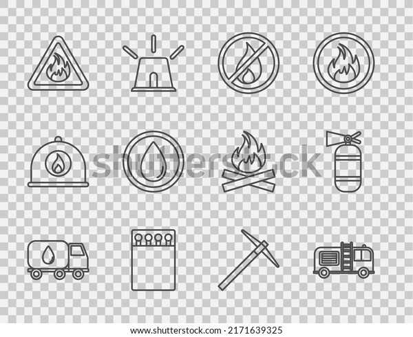 Set line Water delivery truck, Fire, No fire, Open\
matchbox and matches, flame in triangle, drop, Pickaxe and\
extinguisher icon. Vector