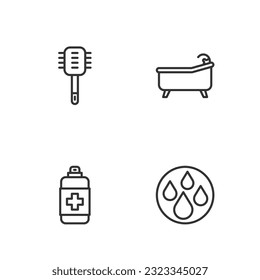 Set line Water drop, Antibacterial soap, Toilet brush and Bathtub icon. Vector