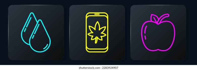 Set line Water drop, Apple and Leaf on mobile phone. Black square button. Vector