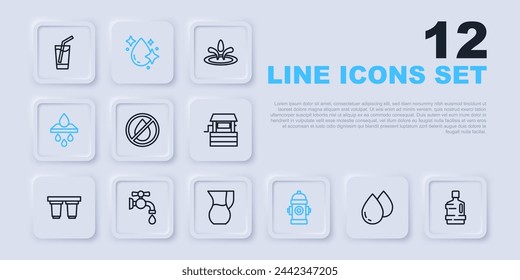 Set line Gota de agua, botella grande con agua limpia, prohibido, hidrante, cartucho de filtro, grifo e icono de vidrio de jarra. Vector