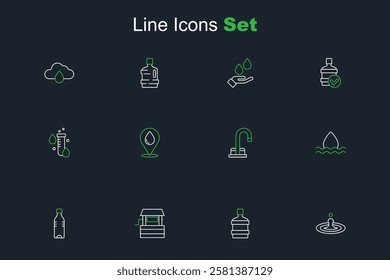 Set line Water drop, Big bottle with clean water, Well, Bottle of, tap, location and Test tube icon. Vector