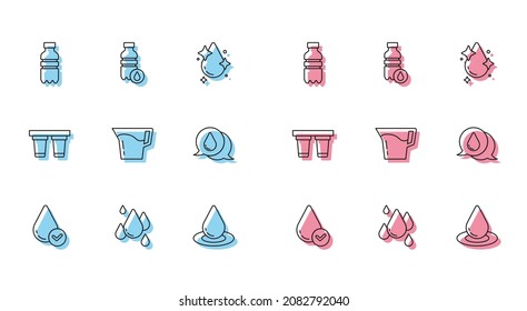 Fijar la línea Agua gota, Botella de agua, Vidrio Jug con, filtro e ícono. Vector