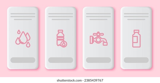 Set line Water drop, Bottle of water, tap and . White rectangle button. Vector