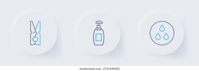 Definir linha gota de água, garrafa de sabão líquido e Roupas ícone pino. Vetor