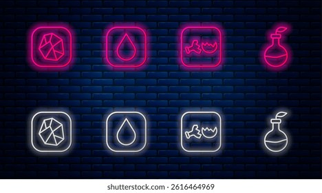 Set line Water drop, Broken flask, Salt stone and Plant breeding. Glowing neon icon on brick wall. Vector