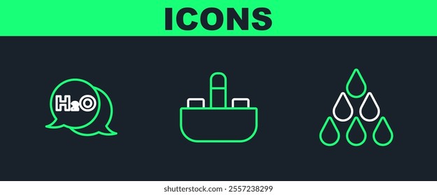 Set line Water drop, Chemical formula for H2O and Washbasin with water tap icon. Vector