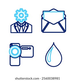 Set line Water drop, Cinema camera, Mail and e-mail and Head with gear inside icon. Vector