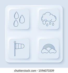 Set line Water drop, Cloud with rain, Cone meteorology windsock wind vane and Rainbow with clouds. White square button. Vector