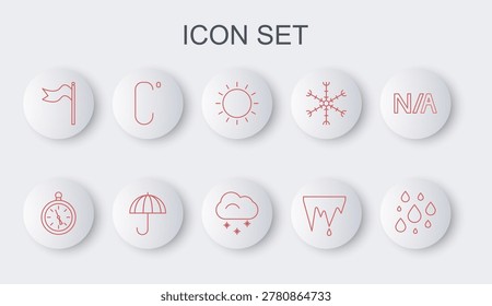 Set line Water drop, Compass, Sun, Icicle, Meteorology windsock wind vane, Celsius, Umbrella and Cloud with snow icon. Vector