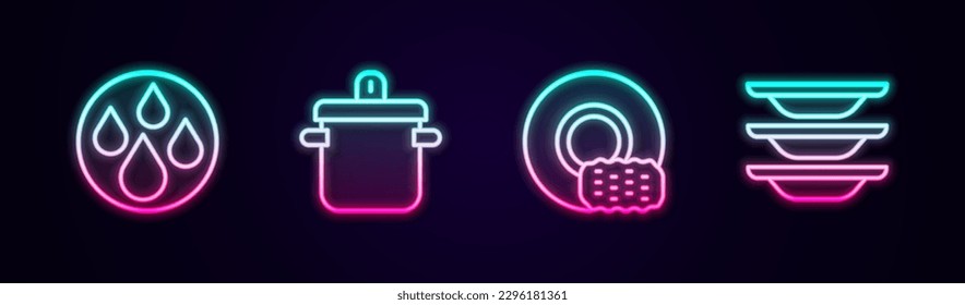 Set line Water drop, Cooking pot, Washing dishes and . Glowing neon icon. Vector