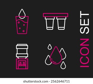 Set line Water drop, cooler, filter and Glass with water icon. Vector