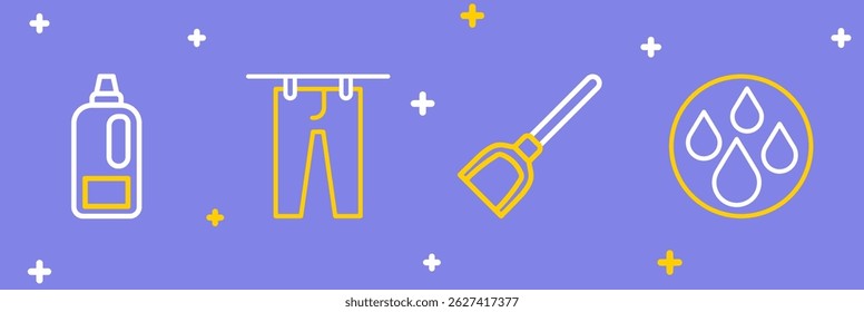 Set line Water drop, Dustpan, Drying clothes and Bottle for detergent icon. Vector