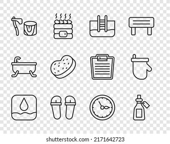 Set line Water drop, Essential oil bottle, Swimming pool with ladder, Flip flops, Wooden axe stump, Bath sponge, Sauna clock and mittens icon. Vector