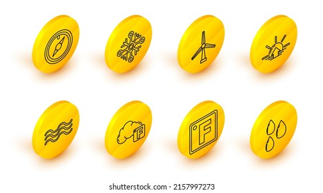 Set line Water drop, Fahrenheit, and cloud, Waves, Sunrise, Wind turbine, Snowflake and rose icon. Vector