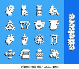 Set line Water drop, filter cartridge, Jug glass with water, cooler,  and jug icon. Vector