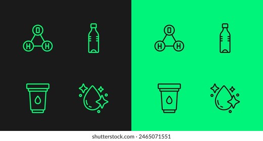 Set line Water drop, filter cartridge, Chemical formula water H2O and Bottle of icon. Vector