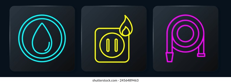 Set line Water drop, Fire hose reel and Electric wiring of socket in fire. Black square button. Vector