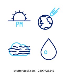 Set line Water drop, Fog and cloud, Comet falling down fast and Sunset icon. Vector