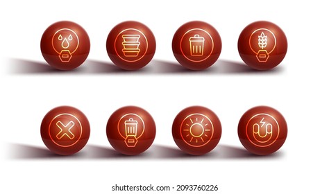 Set line Water drop forbidden, X Mark, Cross in circle, Gluten free grain, Sun, Trash can, Bowl, Magnet and  icon. Vector