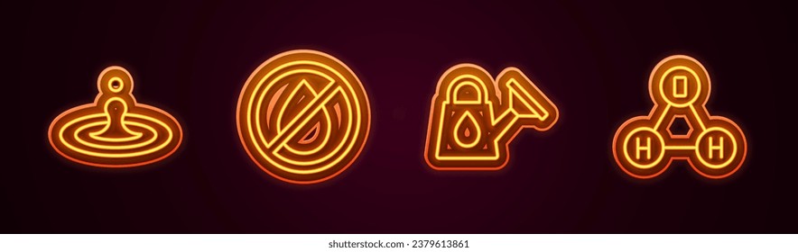 Set line Water drop, forbidden, Watering can and Chemical formula water H2O. Glowing neon icon. Vector