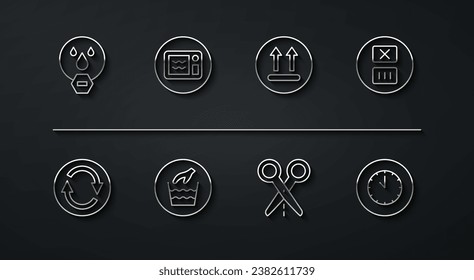 Set line Water drop forbidden, Recycle symbol, Temperature wash, Scissors with cut line, Hand laundry, Microwave oven, Clock and  icon. Vector