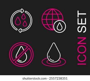 Set line Water drop, forbidden, Earth planet in water and Recycle clean aqua icon. Vector