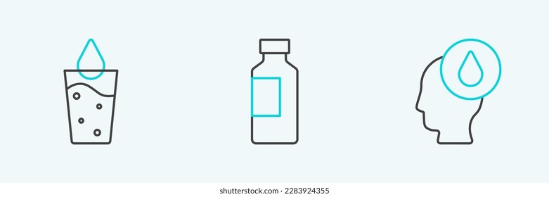 Set line Water drop, Glass with water and Bottle of icon. Vector