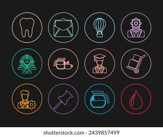 Set line Water drop, Hand truck and boxes, Hot air balloon, Coffee pot with cup, Marketing target strategy, Tooth, Graduate graduation cap and Mail e-mail icon. Vector