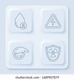 Set line Water drop, High voltage sign, Test tube and flask chemical and Radioactive in shield. White square button. Vector