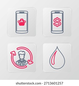 Set line Water drop, Human resources, Smartphone with dollar and Shopping basket mobile icon. Vector