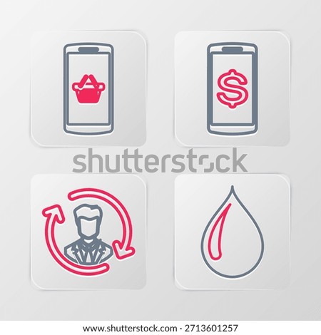 Set line Water drop, Human resources, Smartphone with dollar and Shopping basket mobile icon. Vector