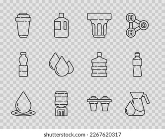 Set line Water drop, Jug glass with water, Glass, cooler, filter cartridge,  and Bottle of icon. Vector