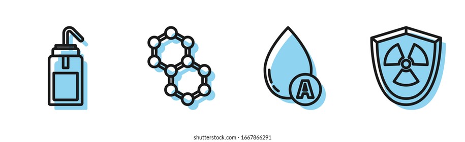 Fijar la línea de agua gota, botella de lavado de laboratorio, Molécula y Radioactivo en el icono de escudo. Vector
