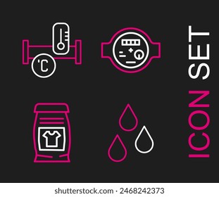 Set line Gota de agua, detergente para ropa, medidor e icono de tubería metálica de la industria. Vector