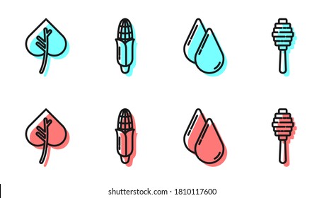 Set line Water drop, Leaf or leaves, Corn and Honey dipper stick icon. Vector