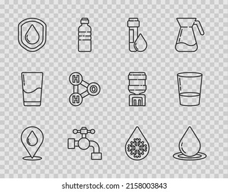 Set line Water drop with location, Test tube water, tap, Waterproof, Chemical formula for H2O, Defrosting and Glass icon. Vector