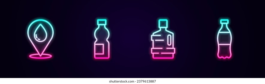 Línea de agua gota con ubicación, Botella de agua, Botella grande limpia y . Icono de neón brillante. Vector