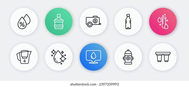 Set line Water drop with location, Test tube water, jug filter, Fire hydrant, Bottle of, Mobile tank, cartridge and  icon. Vector