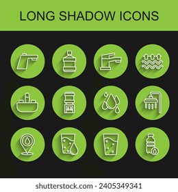Set line Water drop with location, Glass water, tap, Bottle of, cooler, Shower and  icon. Vector