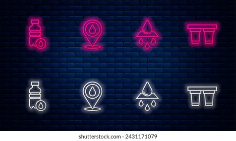 Fijar la línea Gota de agua con la ubicación, reciclar agua limpia, botella de agua y filtro. Icono de neón brillante en la pared de ladrillo. Vector